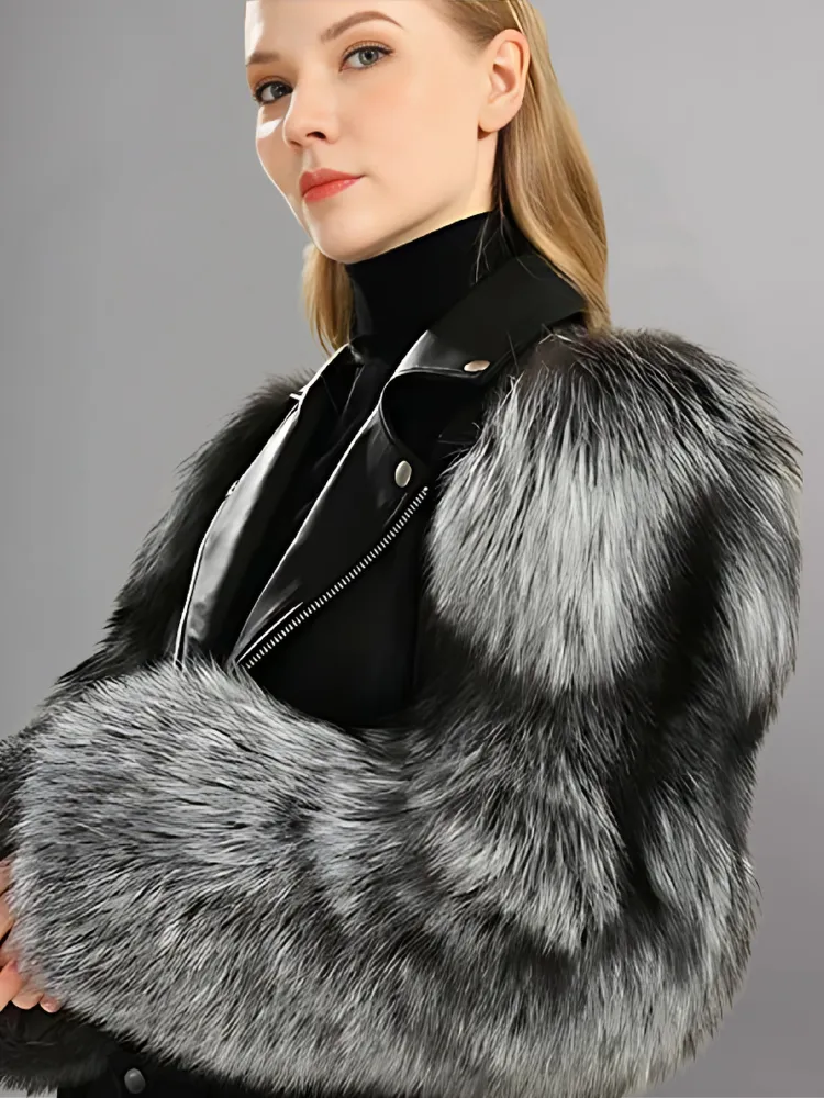 Leather Biker Jacket With Fluffy Fur Sleeves