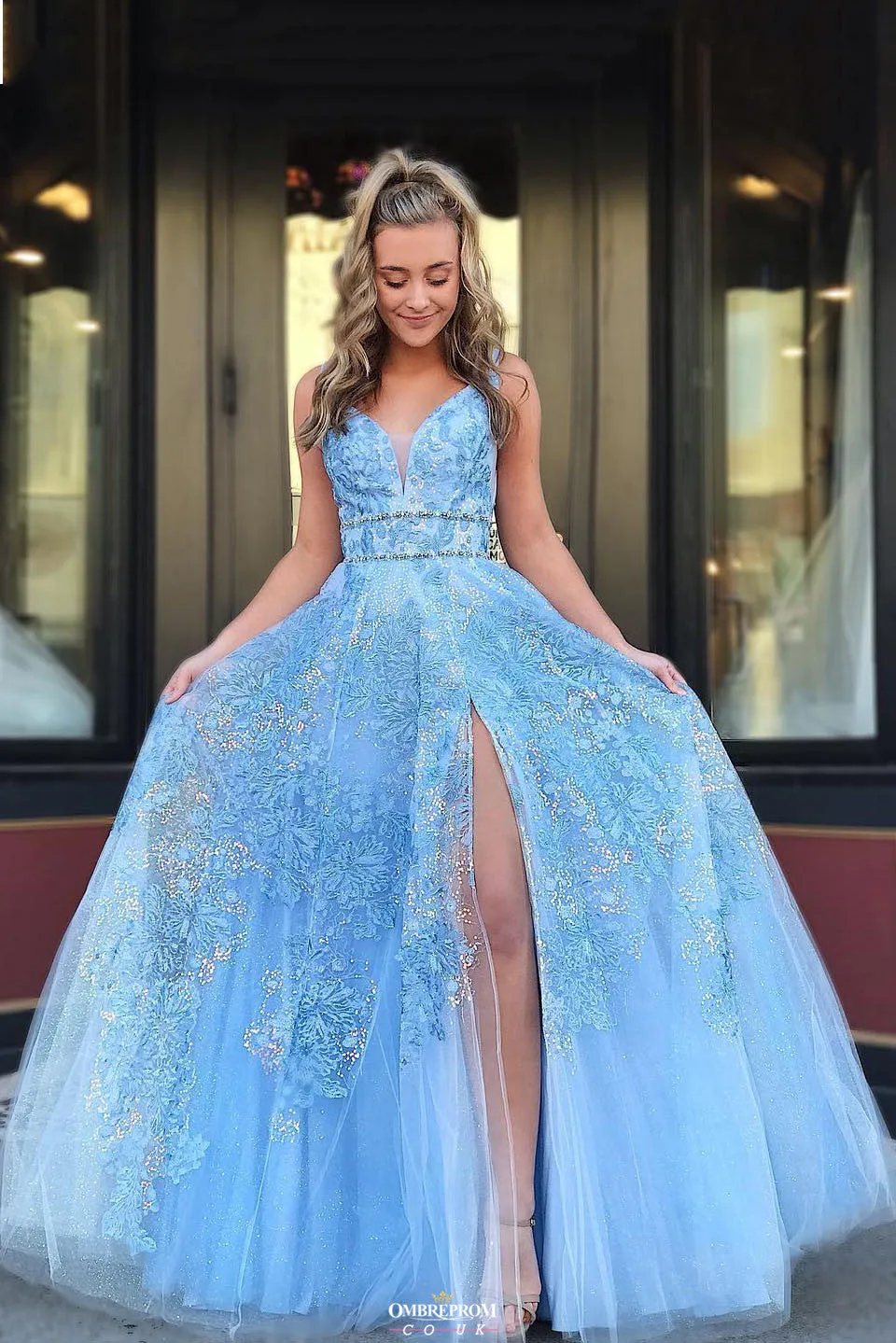 Light Blue Beaded Appliques Backless Prom Dress With Split OP527