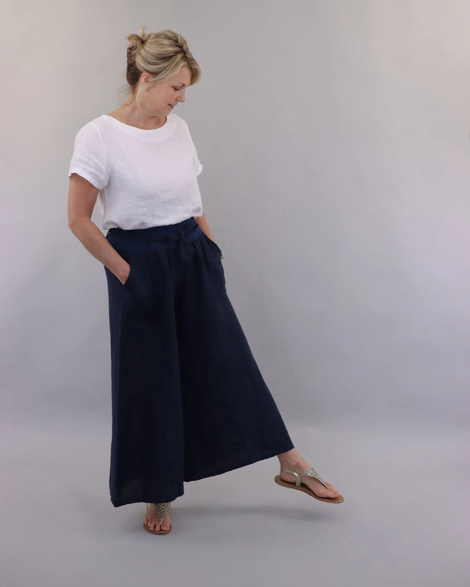 Linen Flared Trousers with Tie Belt