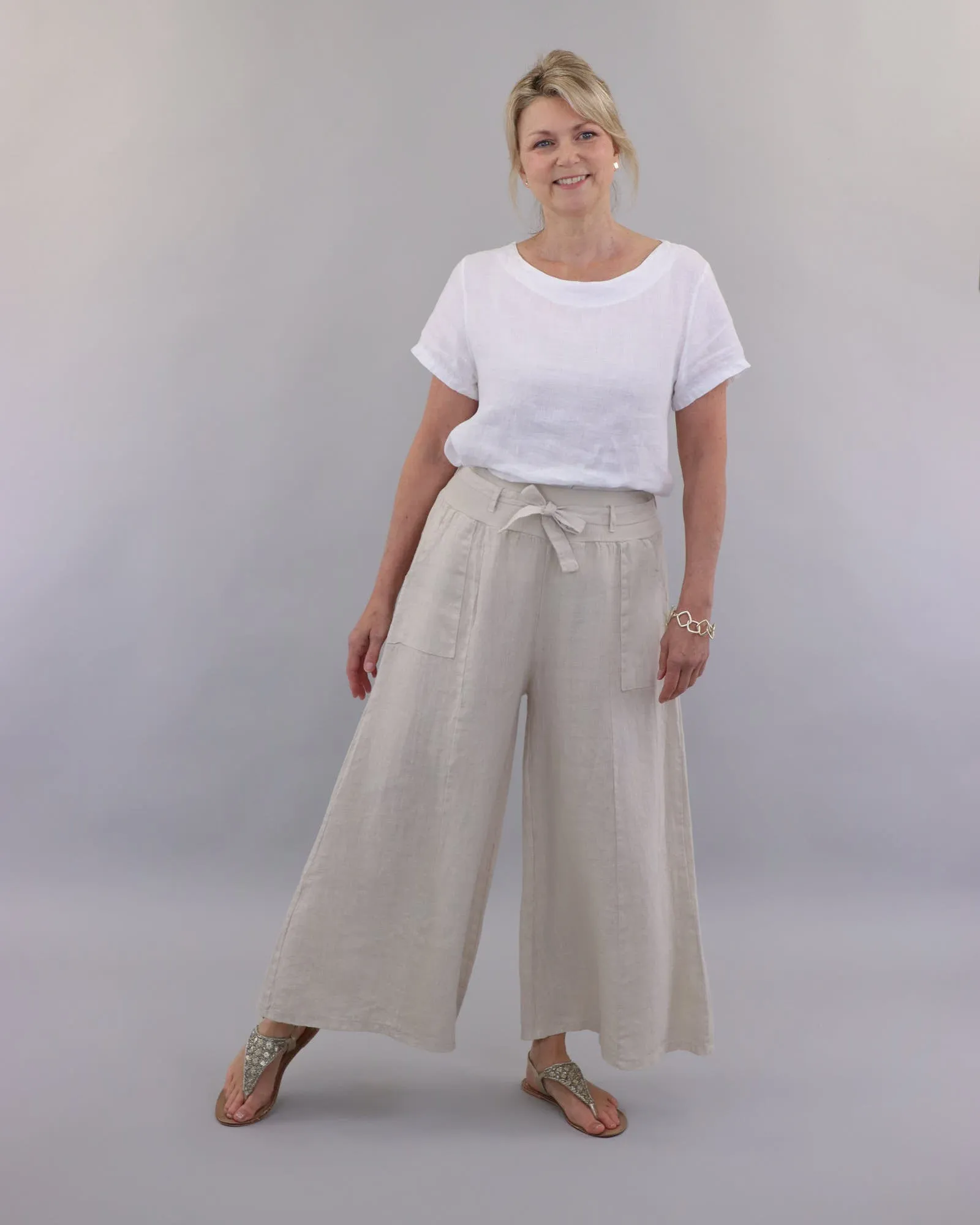 Linen Flared Trousers with Tie Belt