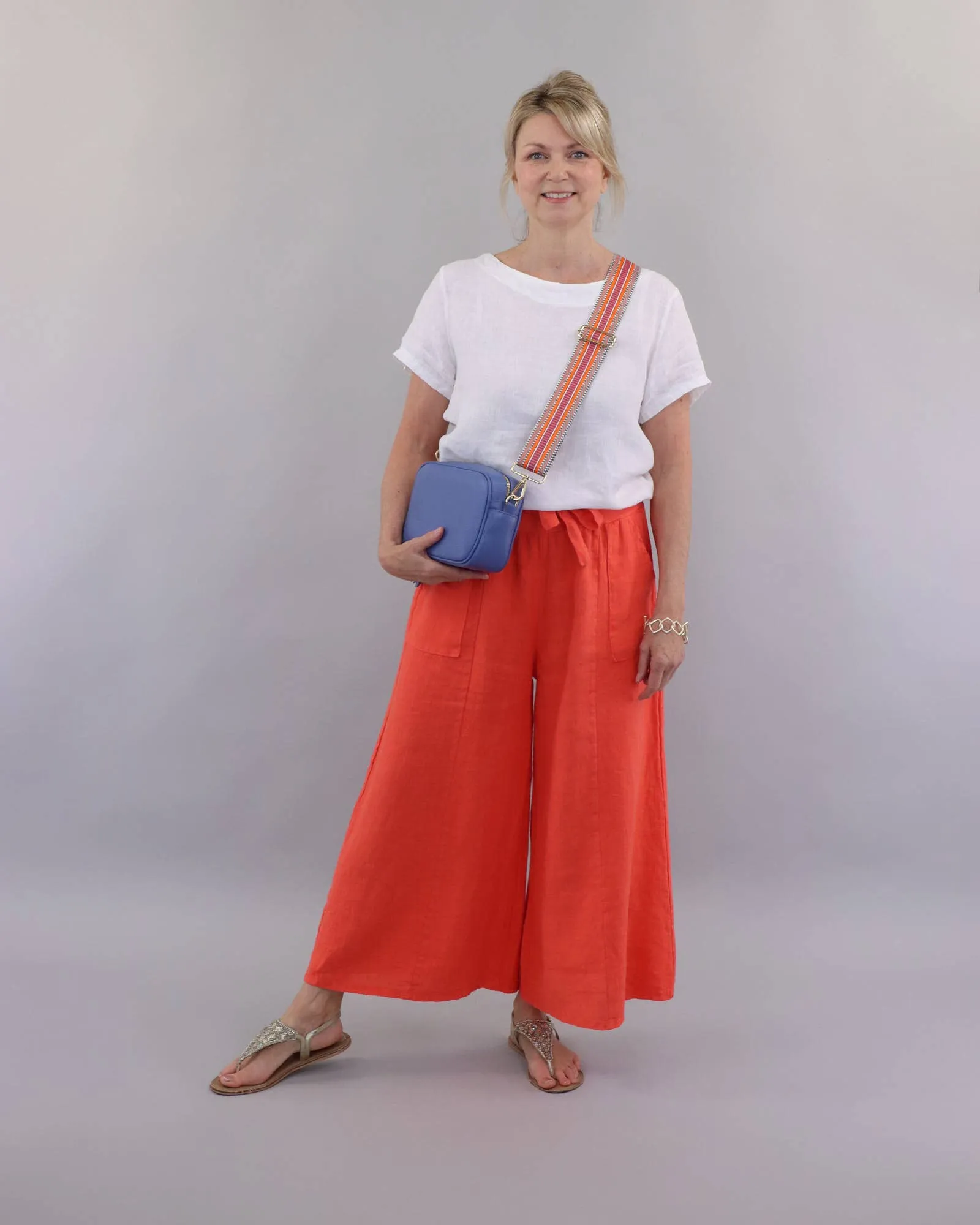 Linen Flared Trousers with Tie Belt