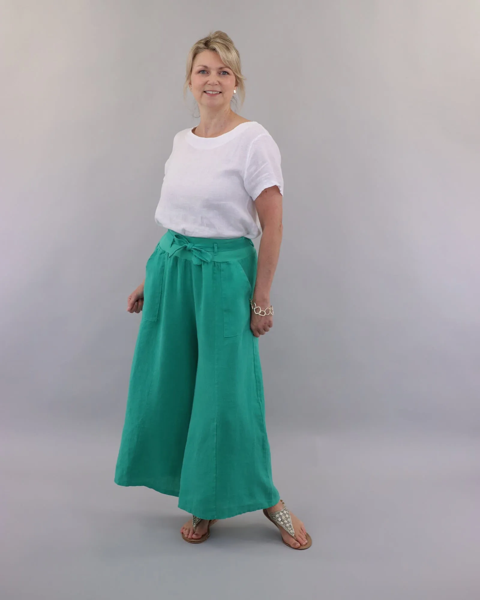 Linen Flared Trousers with Tie Belt