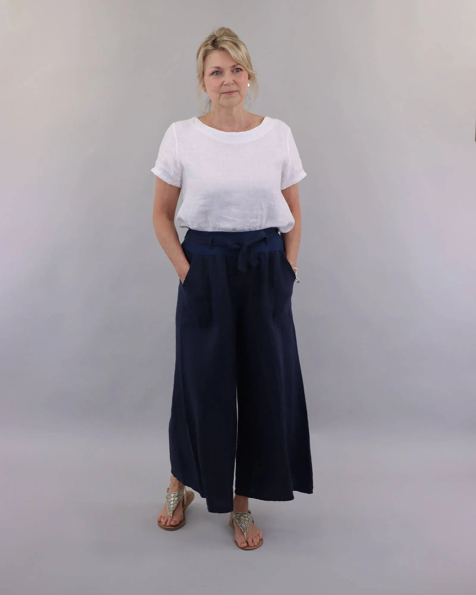 Linen Flared Trousers with Tie Belt