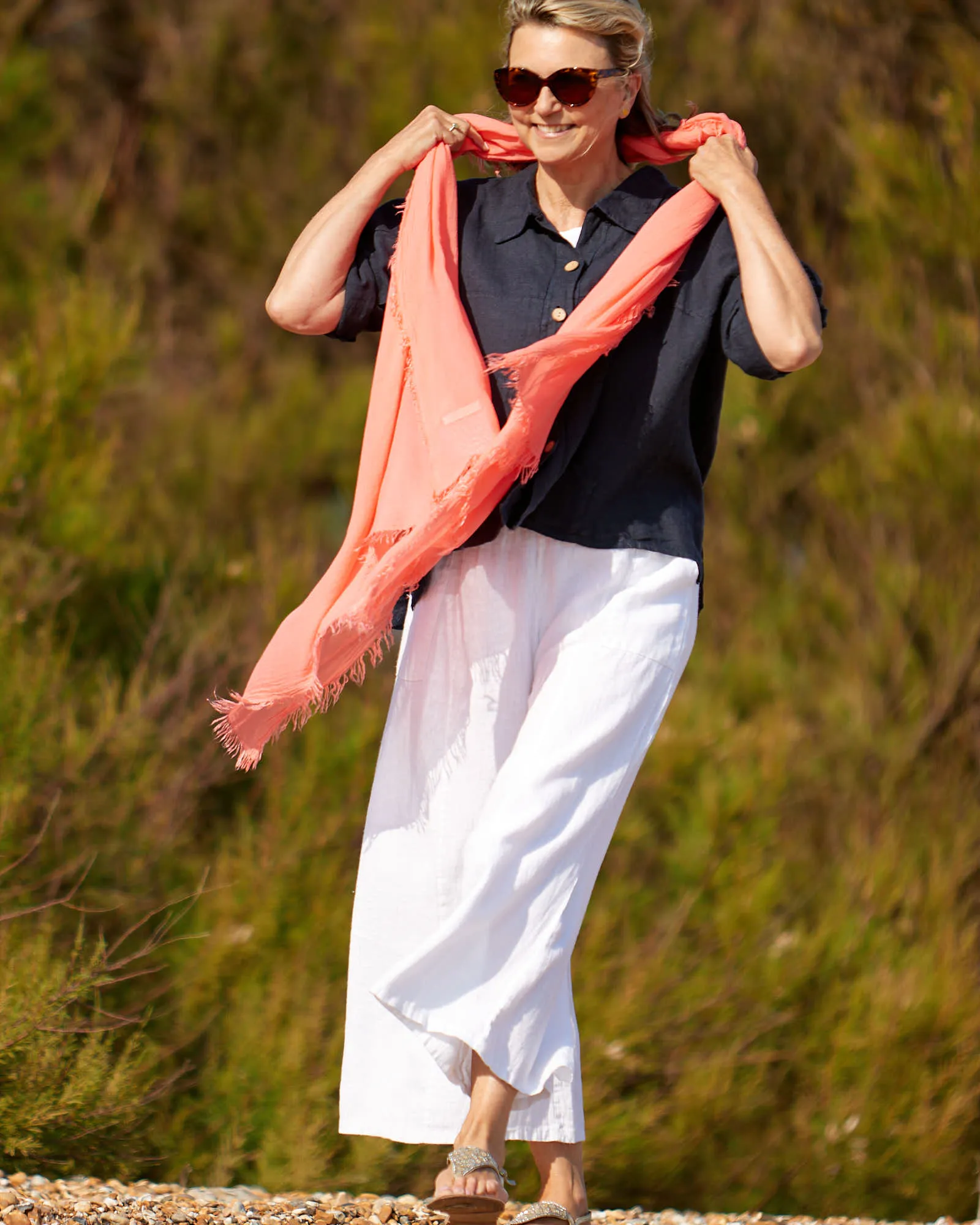 Linen Flared Trousers with Tie Belt