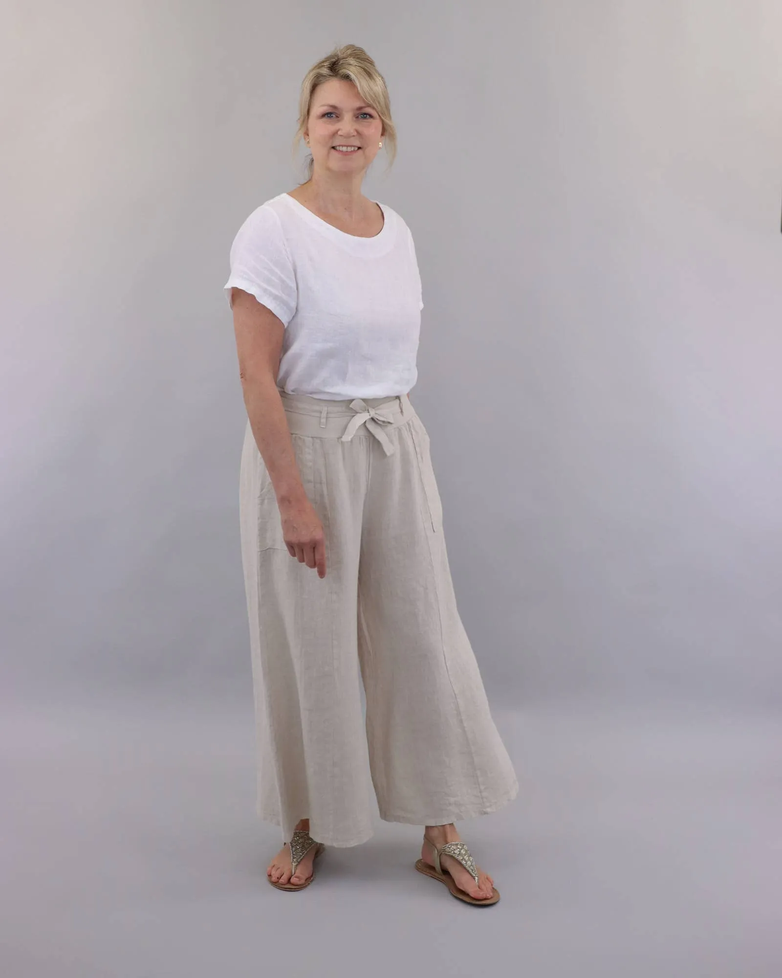 Linen Flared Trousers with Tie Belt