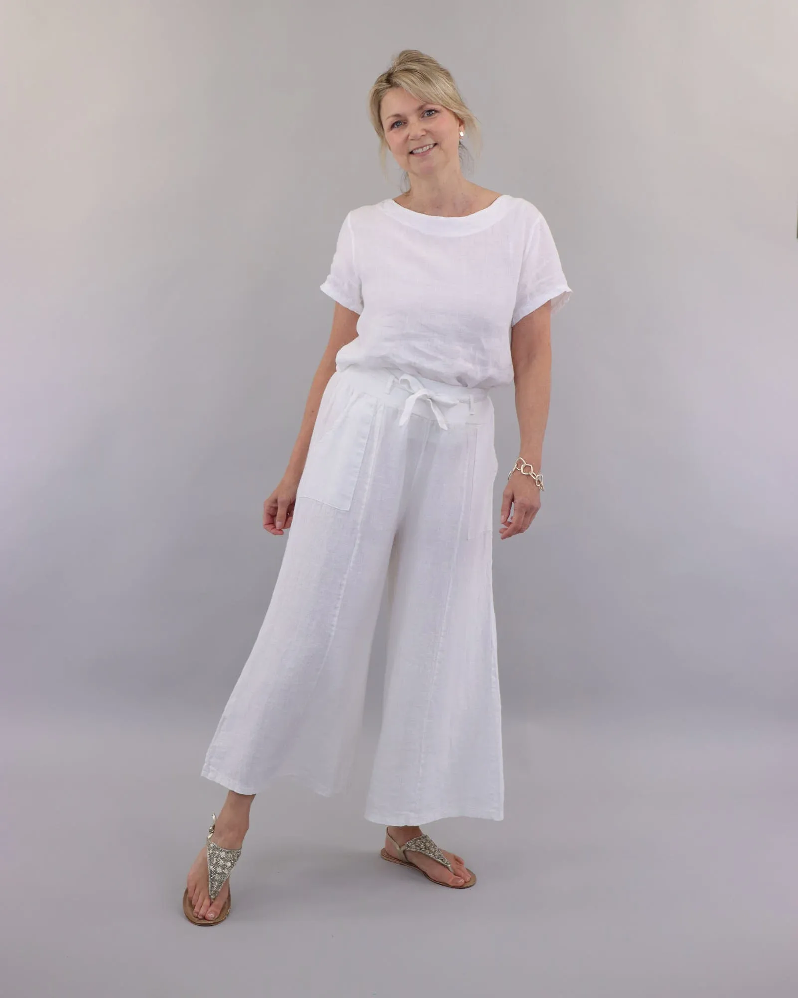 Linen Flared Trousers with Tie Belt