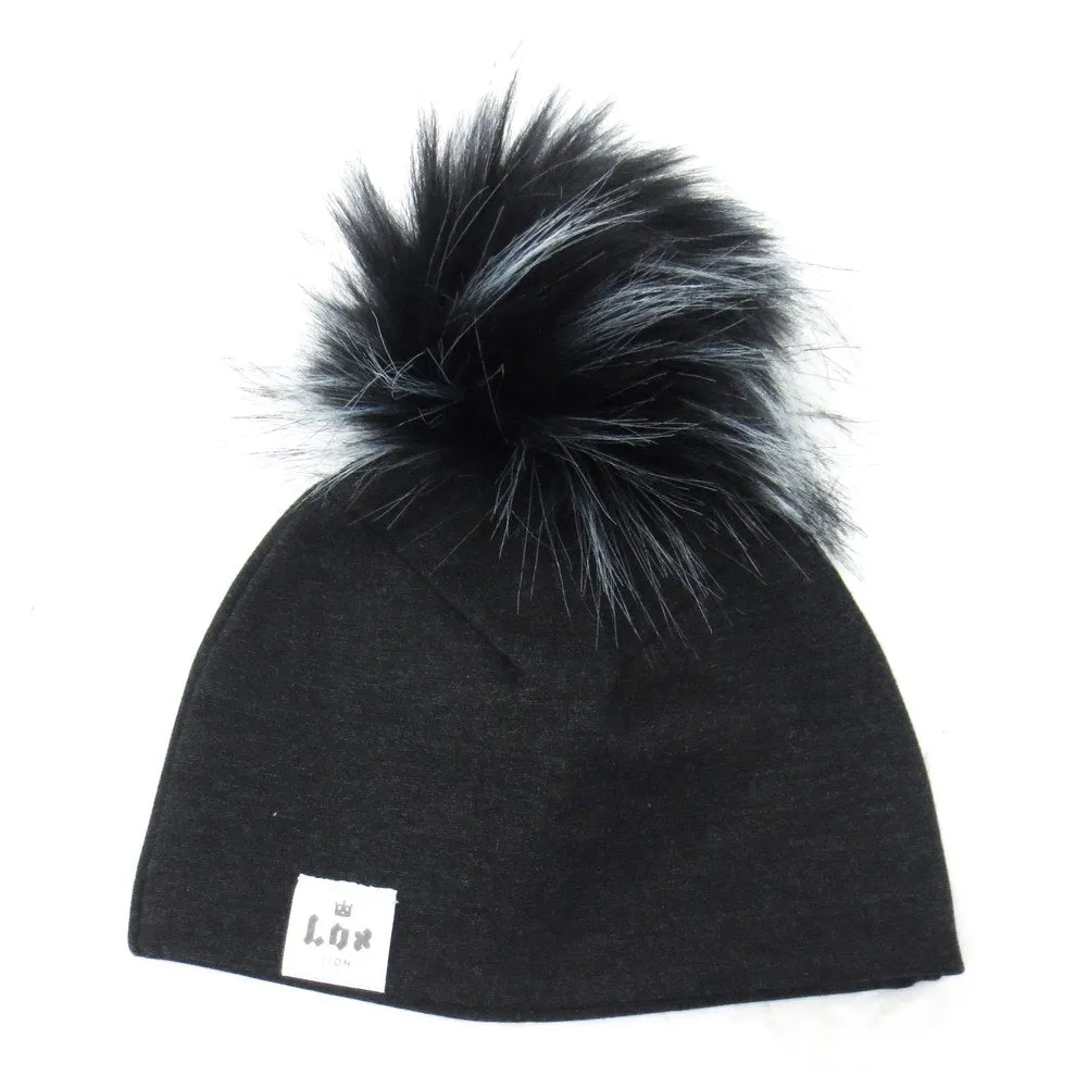 Lox Lion Single Pom Pom Bamboo Beanie - Carbon (SM, 4-12 Months)