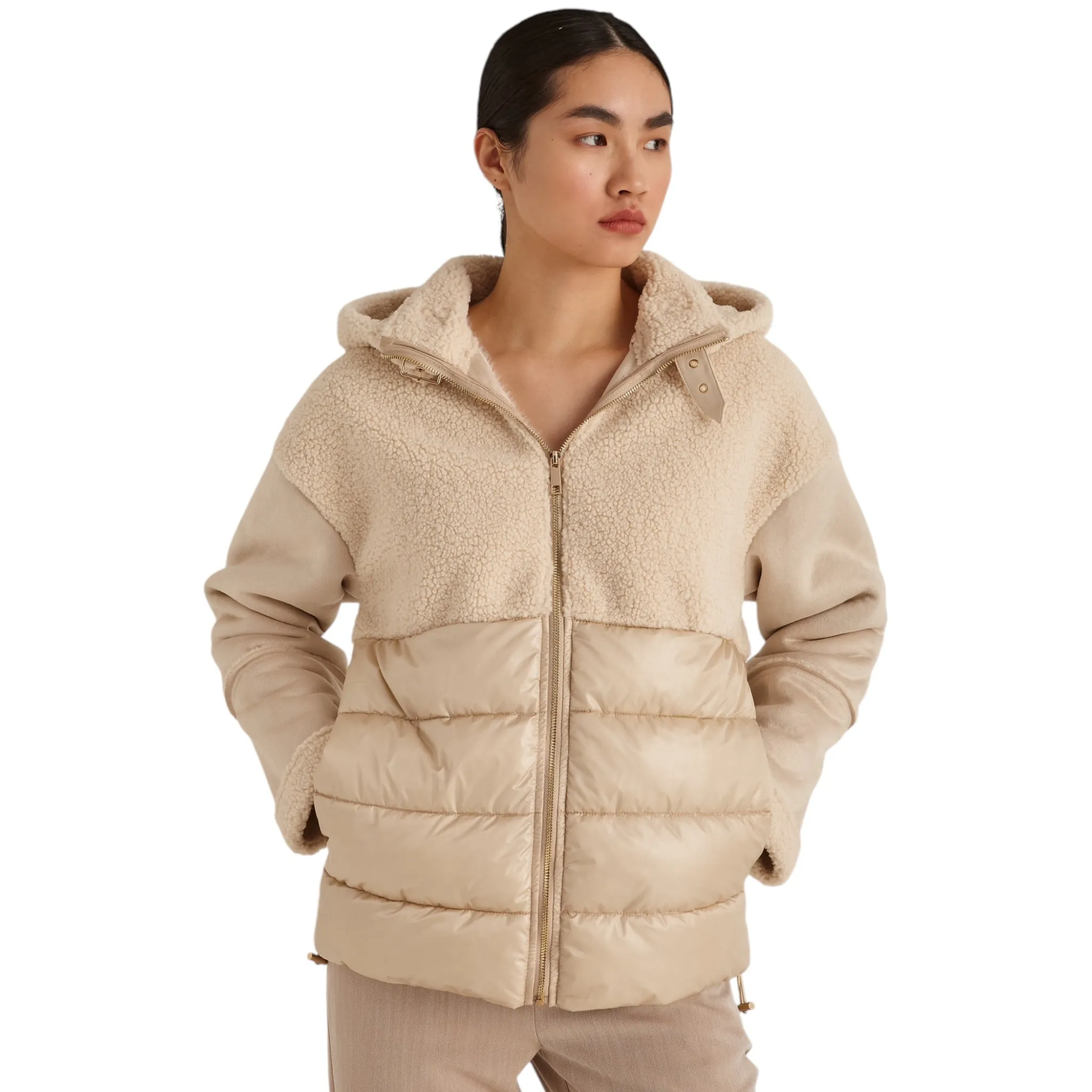 Marina V Short Faux Fur Trim Coat Beige