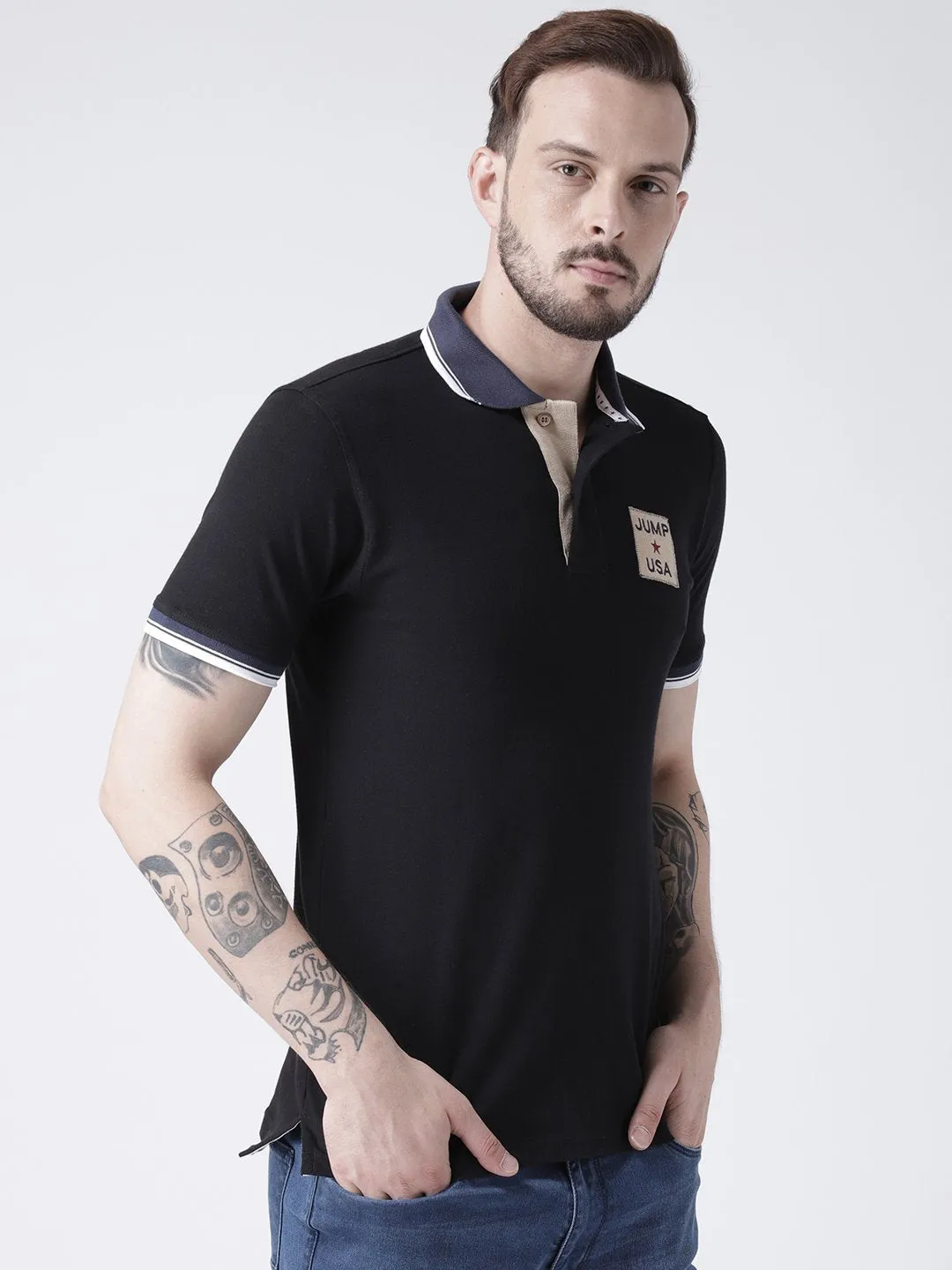 Men Black Solid Polo T-shirt