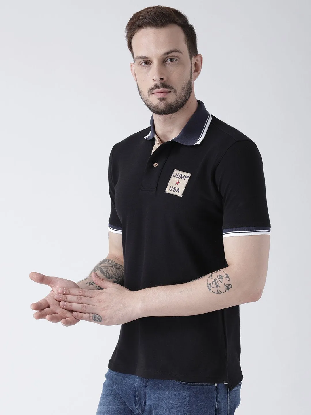 Men Black Solid Polo T-shirt