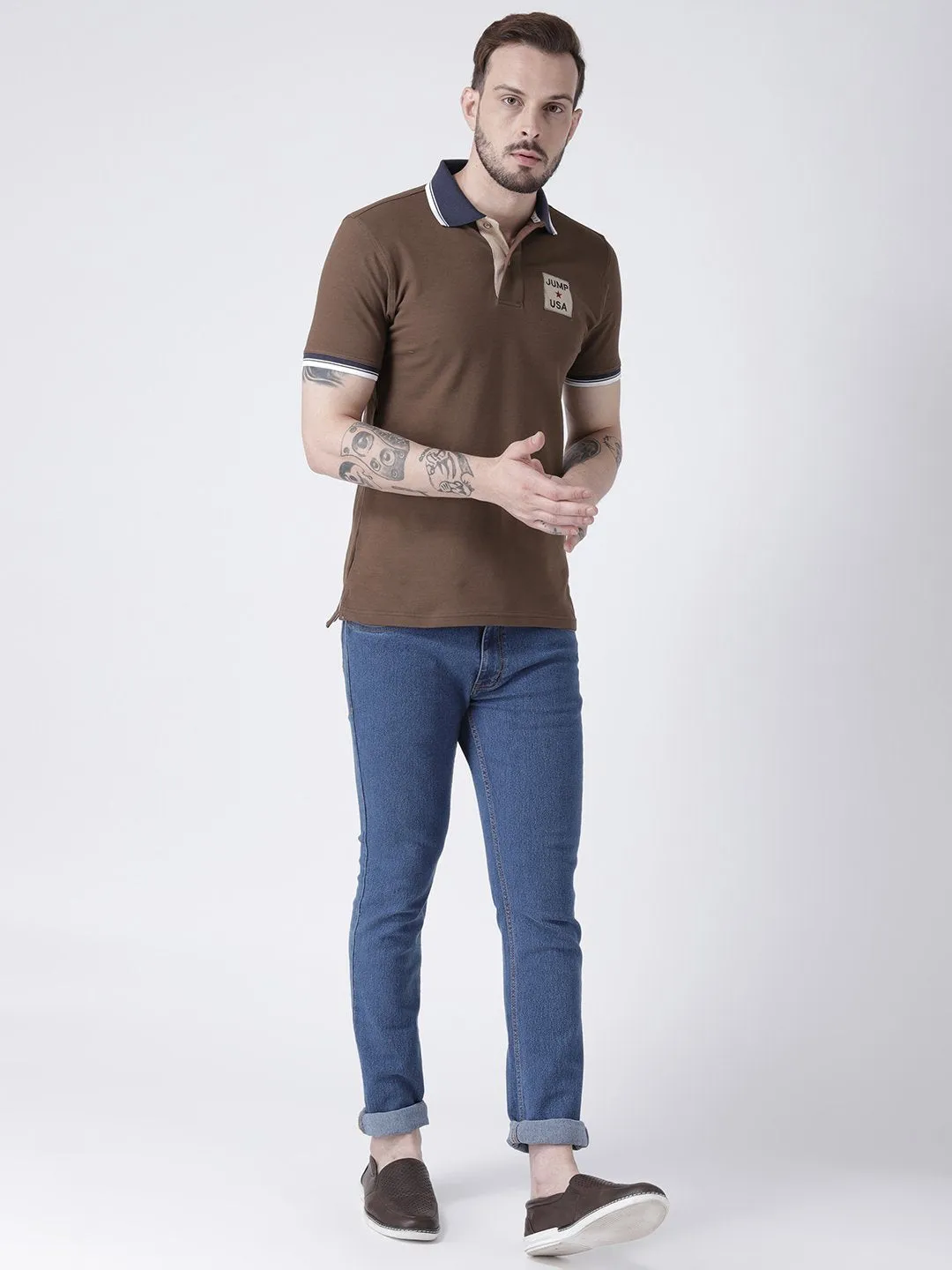 Men Brown Solid Polo T-shirt