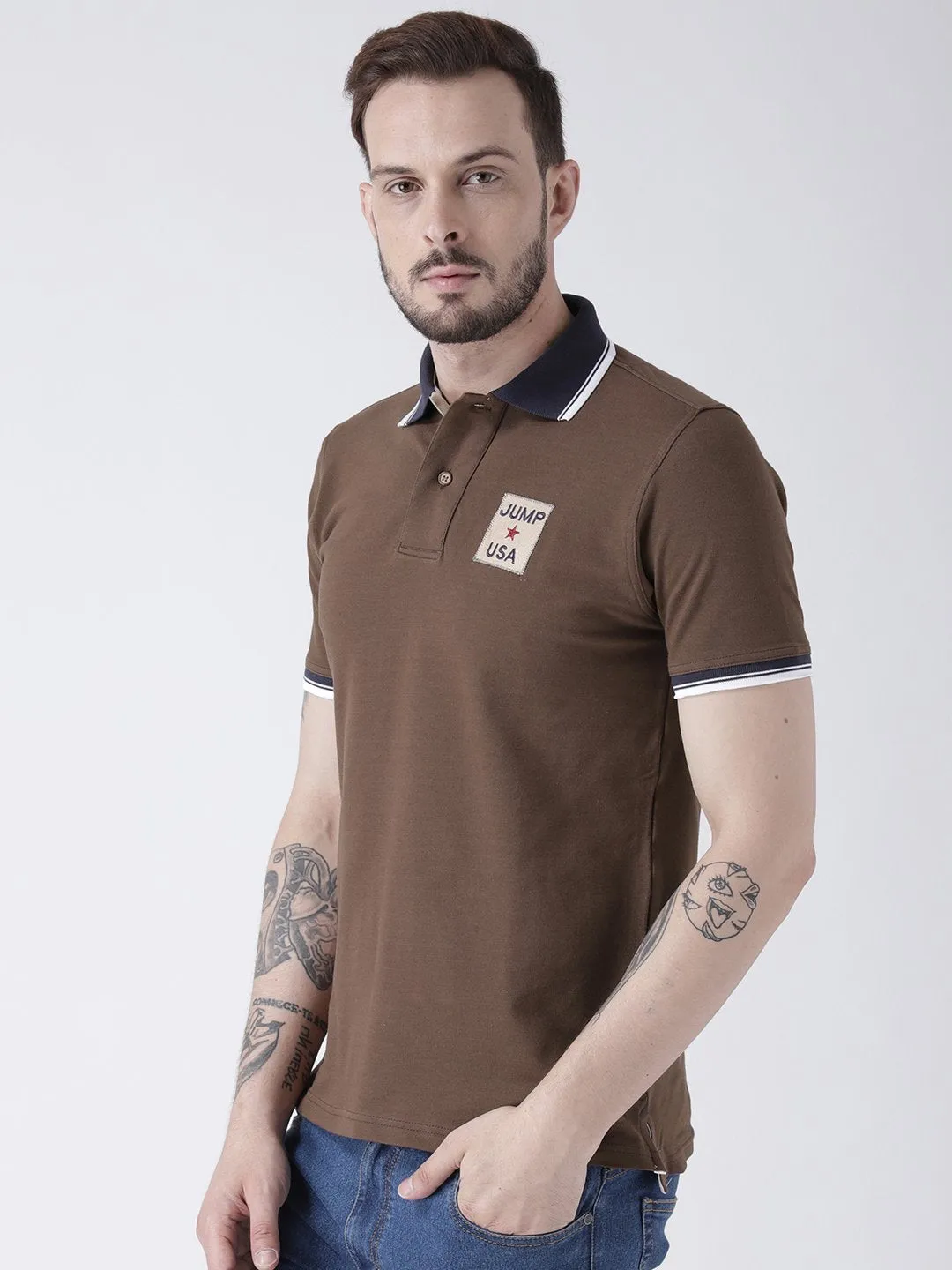 Men Brown Solid Polo T-shirt