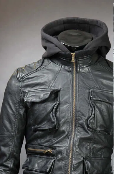 MEN DETACHABLE FABRIC HOODED LEATHER JACKET