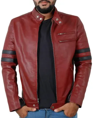 Men Genuine Lambskin Maroon Leather Navy Blue Stripped Jacket Slim fit Biker Motorcycle Design jacket