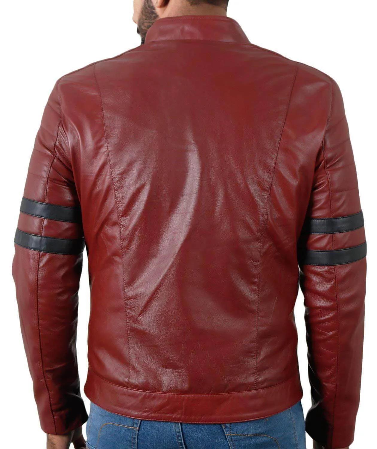 Men Genuine Lambskin Maroon Leather Navy Blue Stripped Jacket Slim fit Biker Motorcycle Design jacket