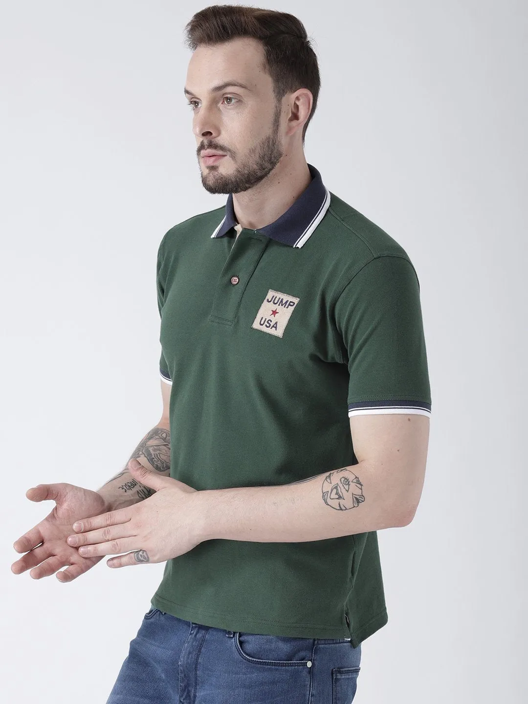 Men Green Solid Polo T-shirt