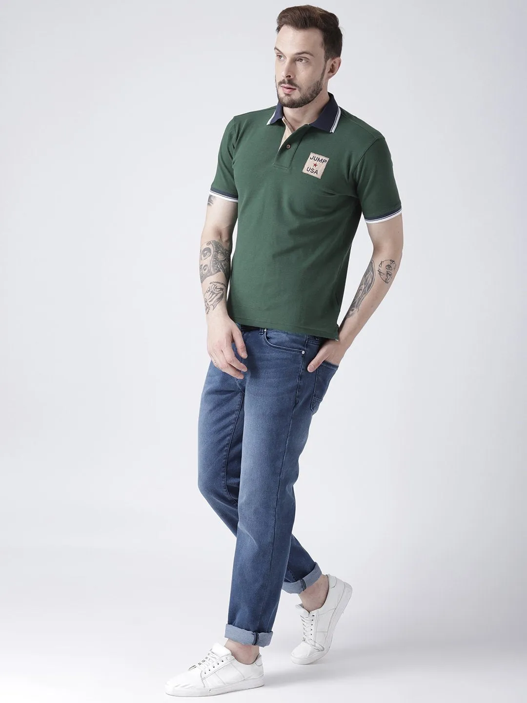 Men Green Solid Polo T-shirt