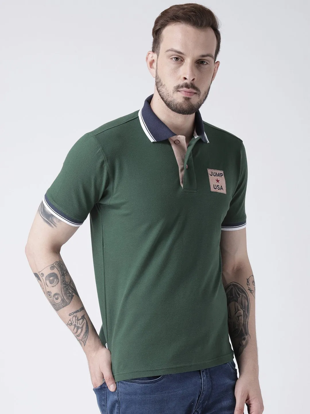 Men Green Solid Polo T-shirt