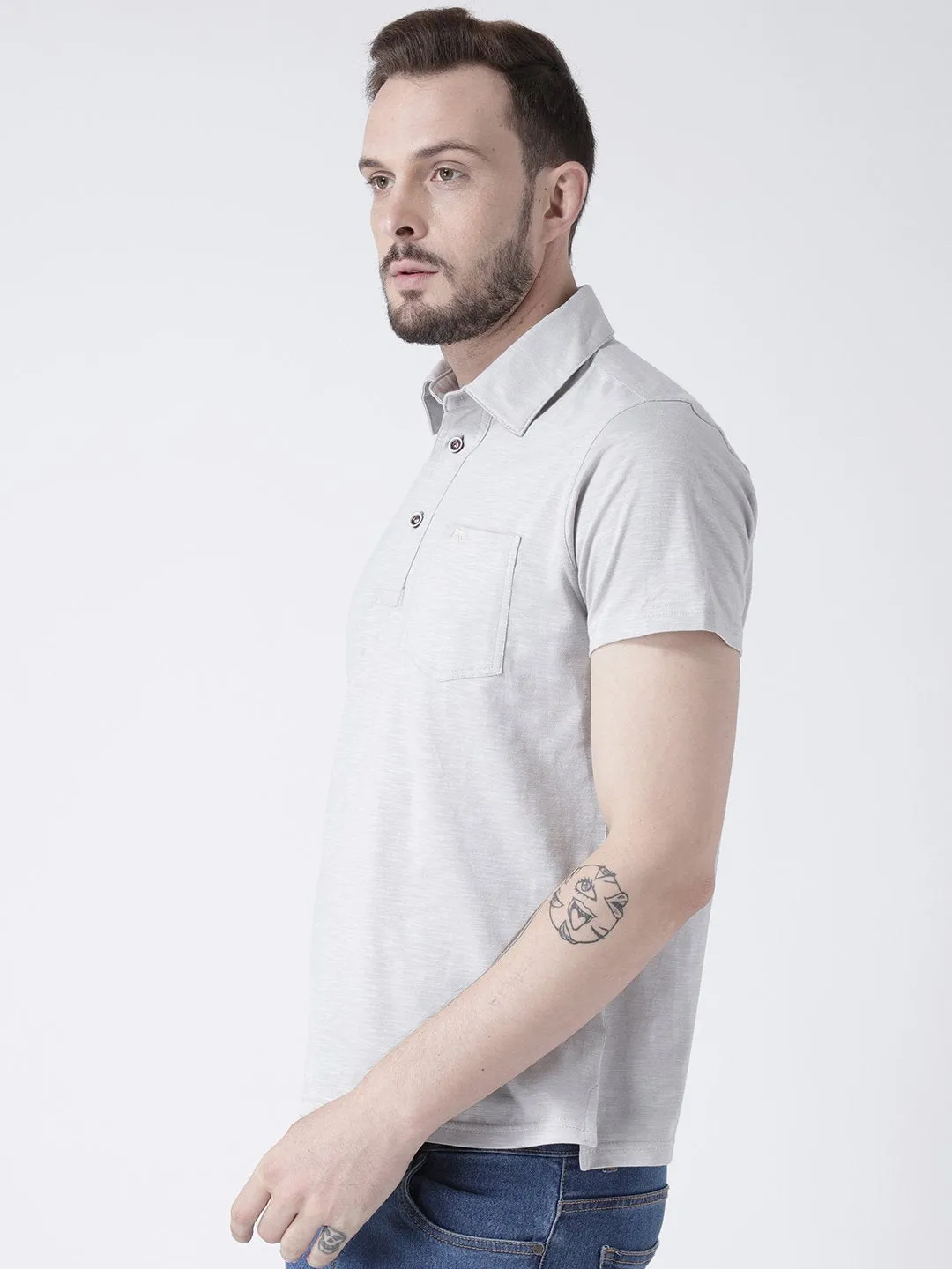 Men Grey melange Solid Polo T-shirt