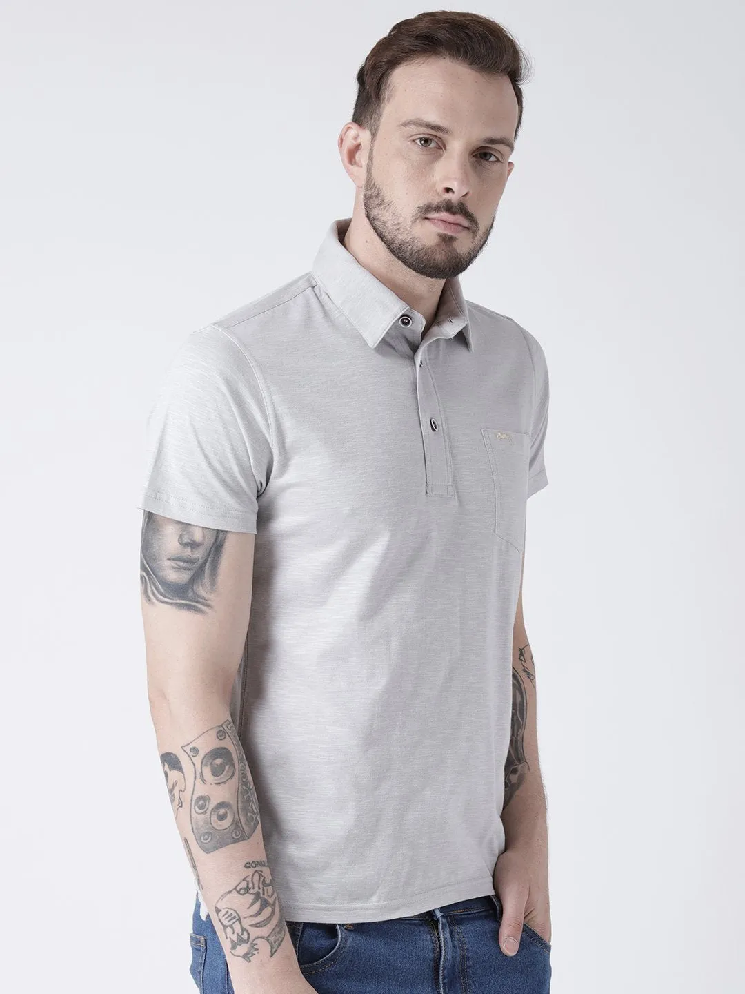 Men Grey melange Solid Polo T-shirt