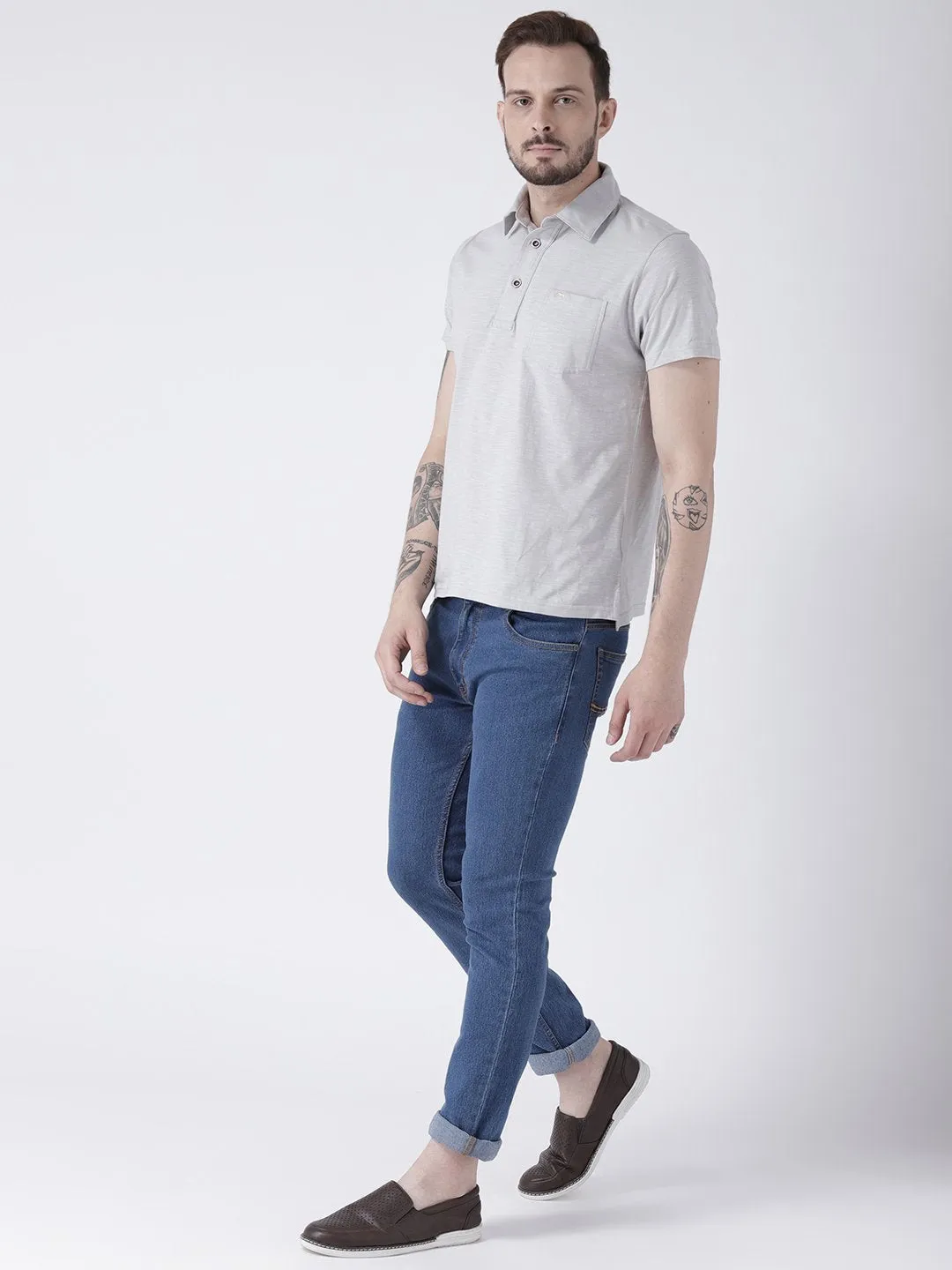 Men Grey melange Solid Polo T-shirt