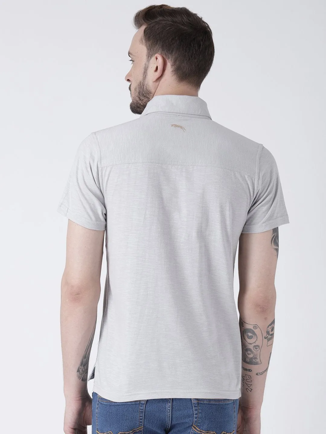 Men Grey melange Solid Polo T-shirt