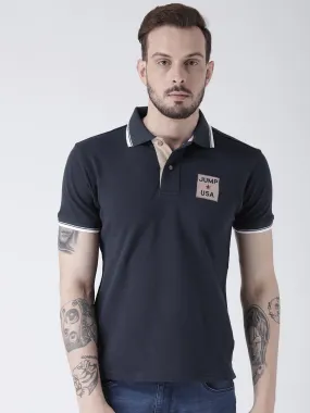 Men Navy Blue Solid Polo T-shirt