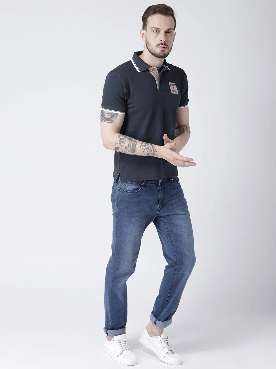 Men Navy Blue Solid Polo T-shirt