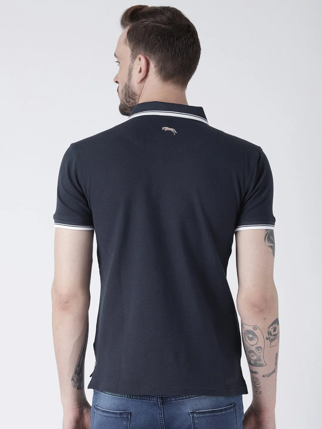 Men Navy Blue Solid Polo T-shirt