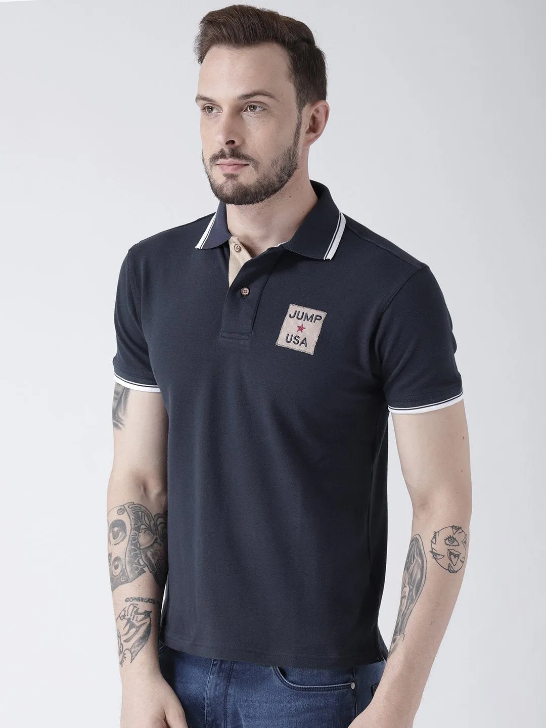 Men Navy Blue Solid Polo T-shirt