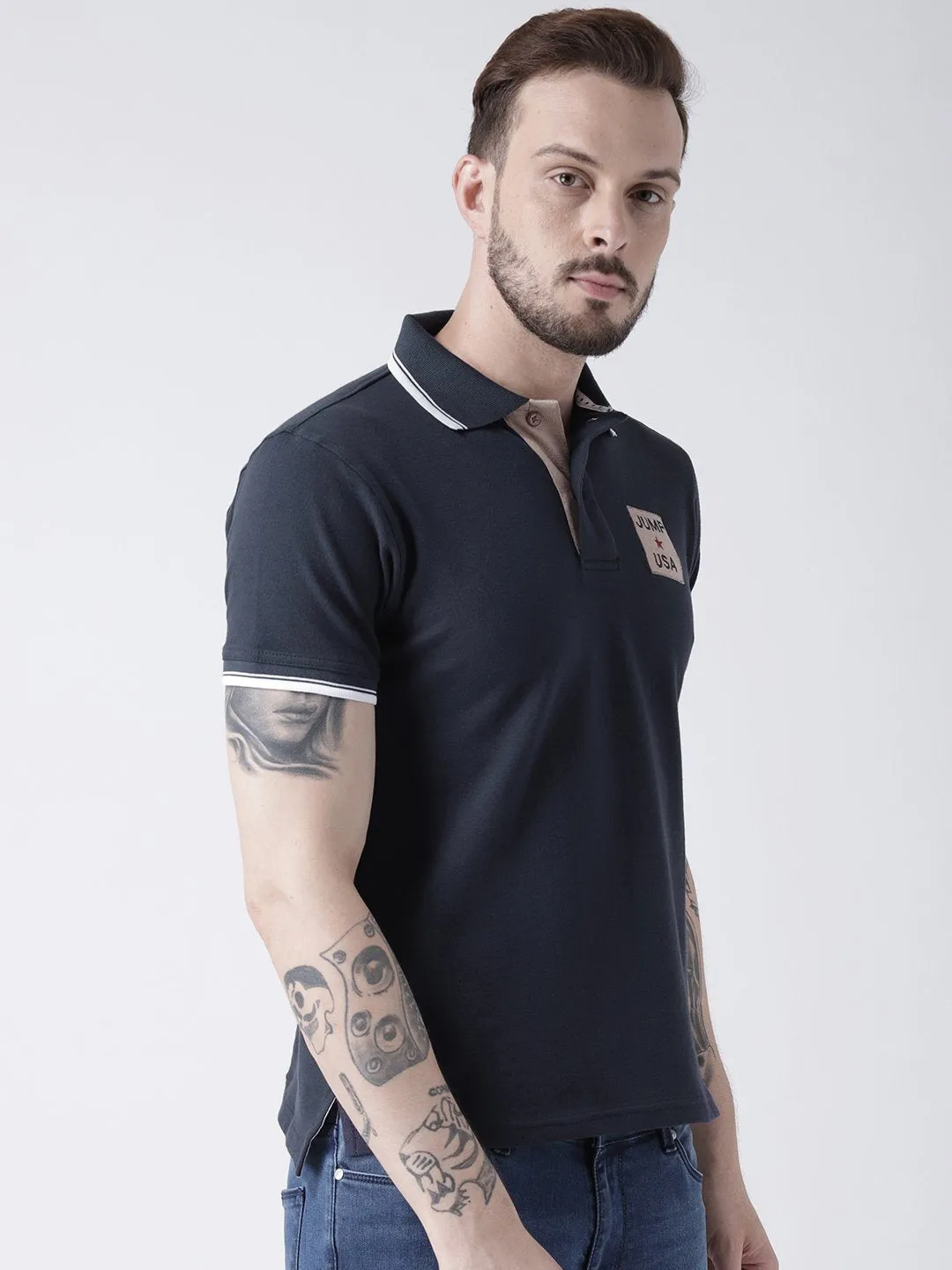 Men Navy Blue Solid Polo T-shirt