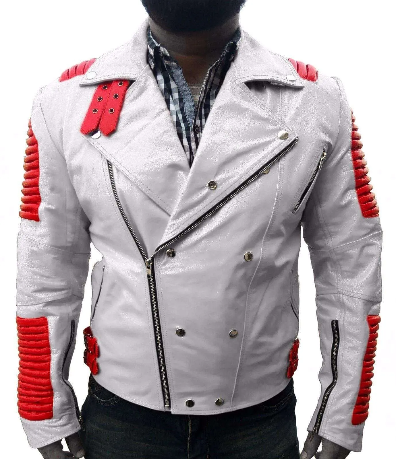 Men White Red Motorbike Leather Jacket, Classic Trendy Scooter Fashion Jacket