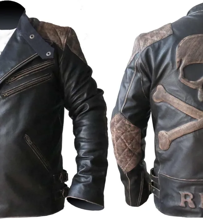 Men’s Biker Vintage Black Retro Rider Leather Jacket With Skull