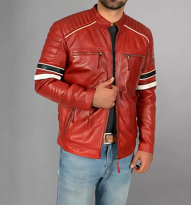 Mens Café Racer Red Striped Shoulder Padded Leather Jacket