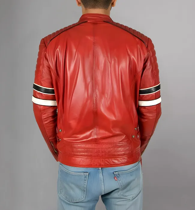 Mens Café Racer Red Striped Shoulder Padded Leather Jacket