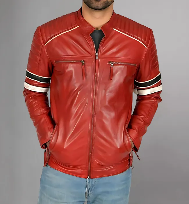 Mens Café Racer Red Striped Shoulder Padded Leather Jacket