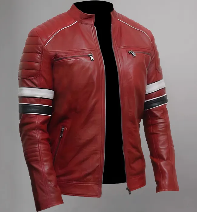 Mens Café Racer Red Striped Shoulder Padded Leather Jacket