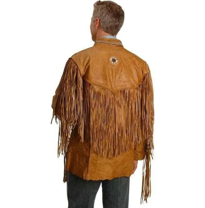 Men's Cowboy Style Tan Color Leather Jacket, Men's Western Style Fringe Leather Jacket