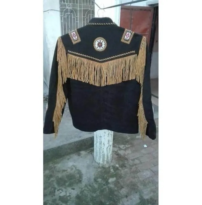 Men's Cowboy Suede Black Beige Jacket, Cowboy Style Suede Jacket With Fringes