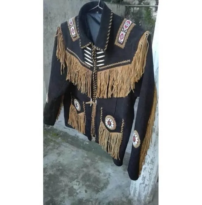 Men's Cowboy Suede Black Beige Jacket, Cowboy Style Suede Jacket With Fringes