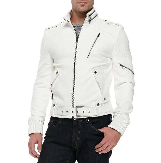 Men's Fashion Leather White Jacket, Men's Genuine Leather Belted Jacket