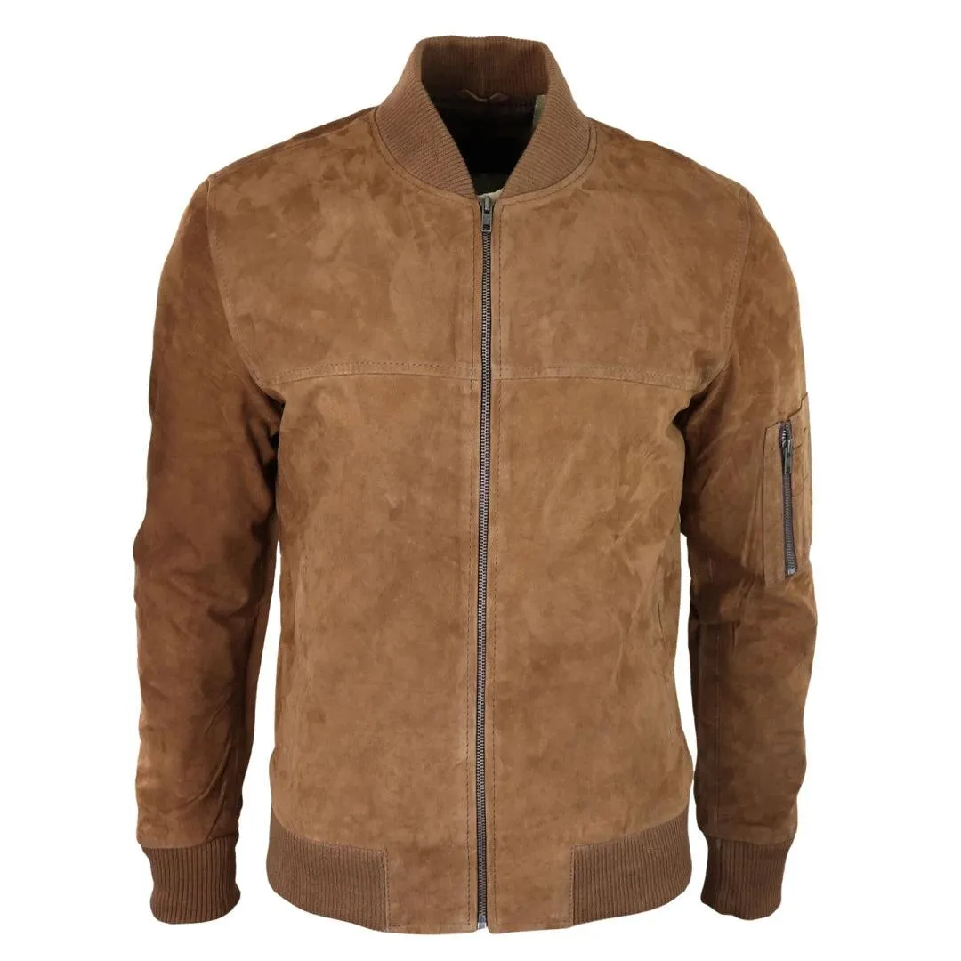 Mens Genuine Suede Bomber Jacket Leather Casual Varsity VIntage Smart Casual