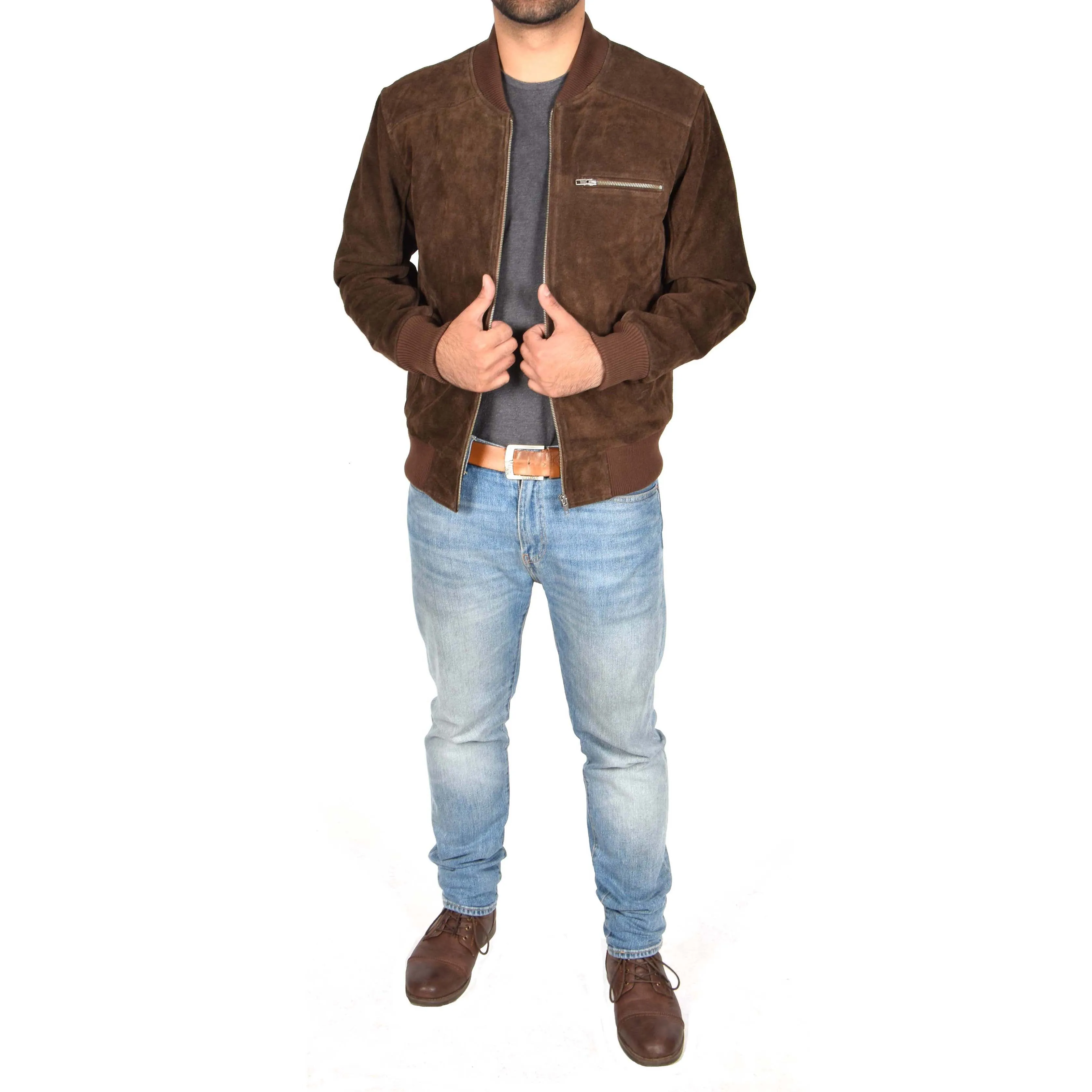 Mens Genuine Suede Bomber Jacket Roco Brown