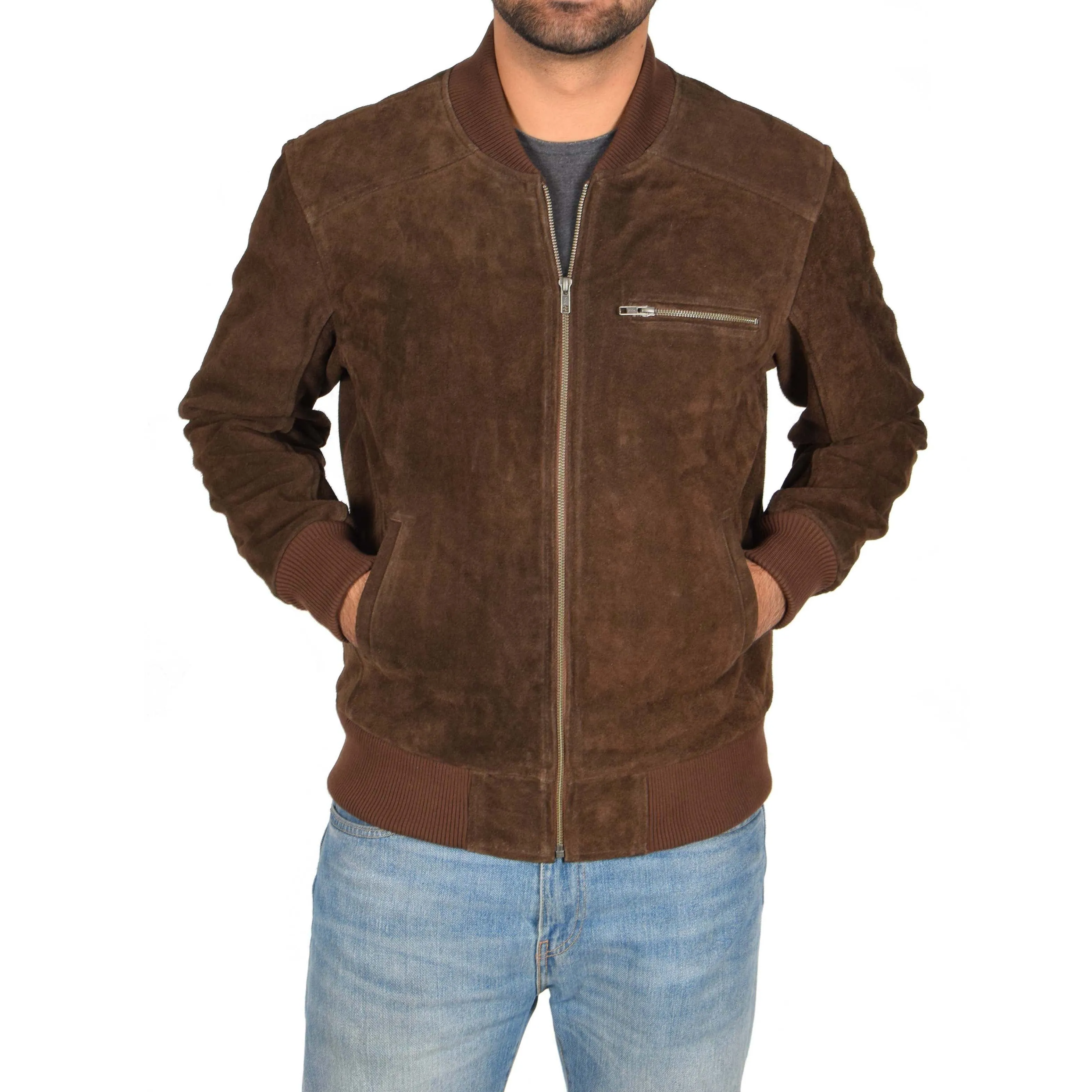 Mens Genuine Suede Bomber Jacket Roco Brown