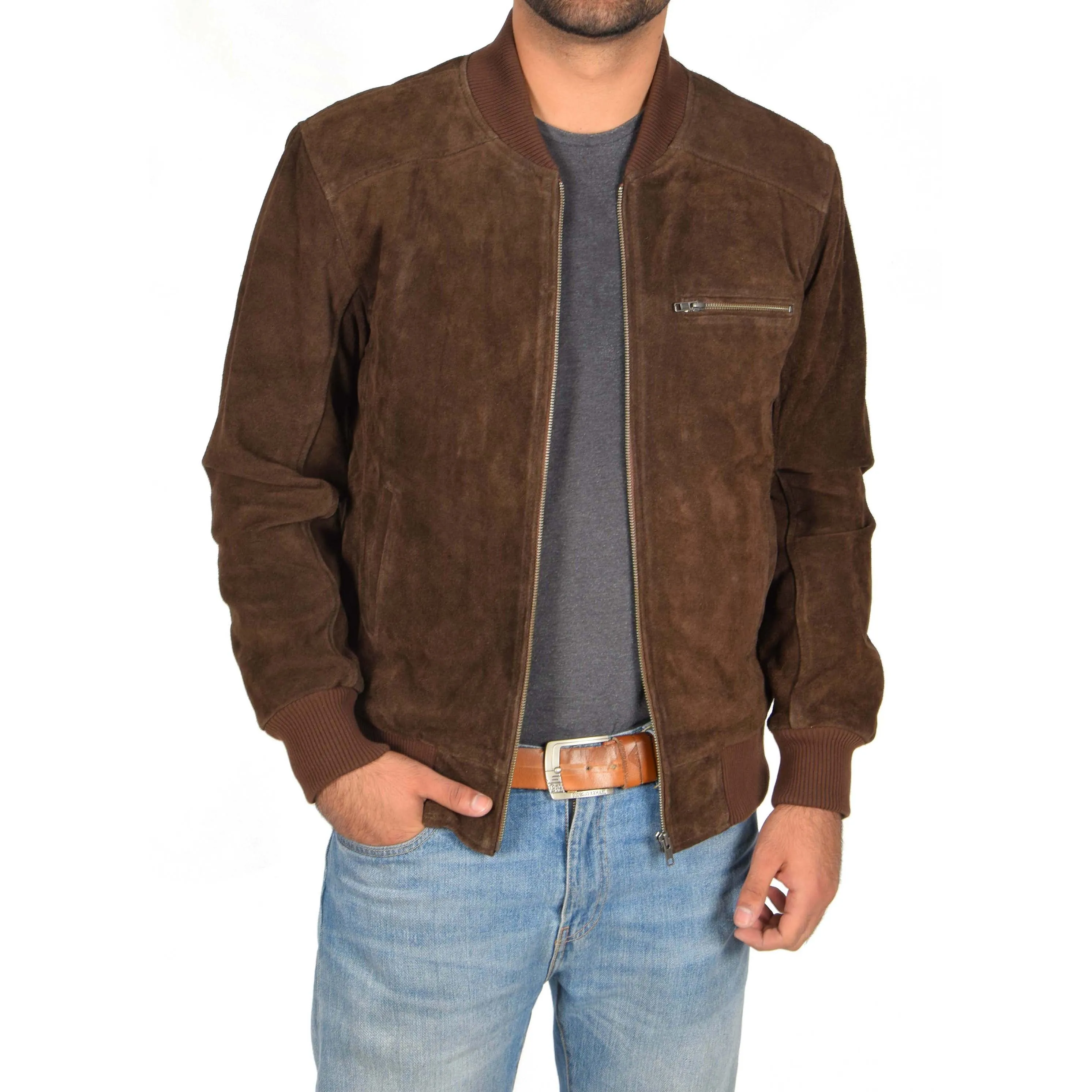 Mens Genuine Suede Bomber Jacket Roco Brown