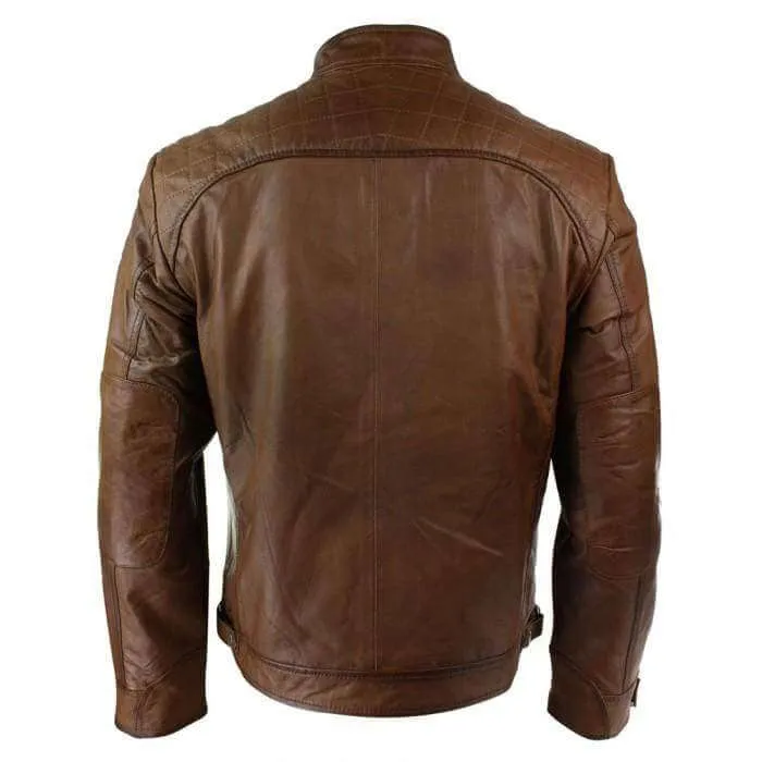 Men's Retro Style Zipped Biker Jacket Real Leather Soft Brown Casual Jacket