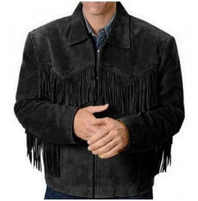 Men's Western Black Suede Jacket Wear Fringes Beads, Suede Cowboy Jacket