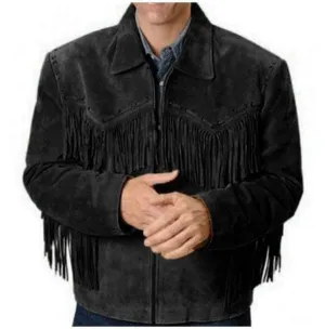 Men's Western Black Suede Jacket Wear Fringes Beads, Suede Cowboy Jacket