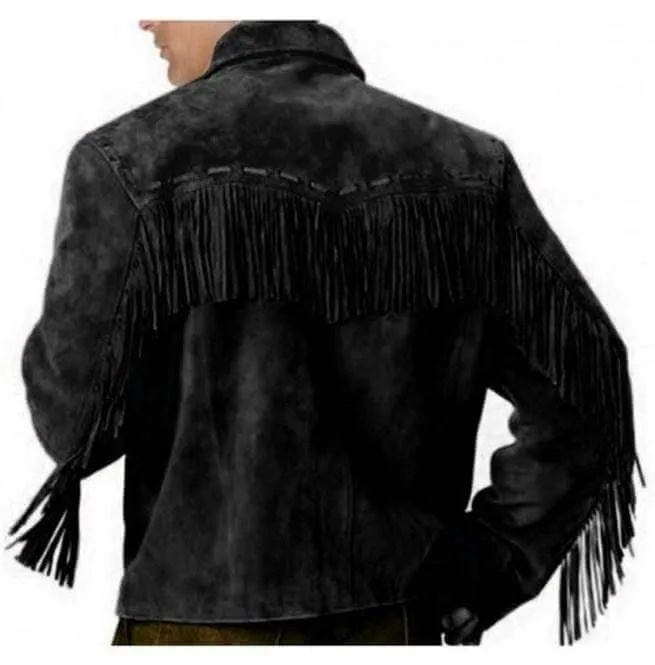 Men's Western Black Suede Jacket Wear Fringes Beads, Suede Cowboy Jacket