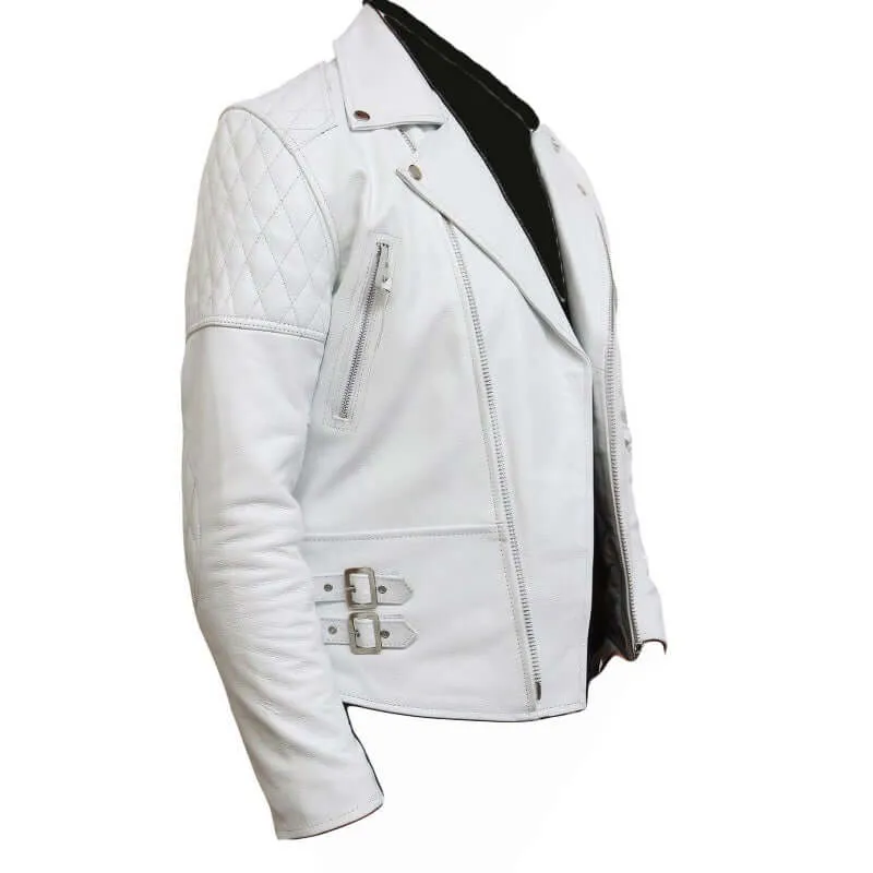 Men's White Leather Biker Jacket In Soft Aniline